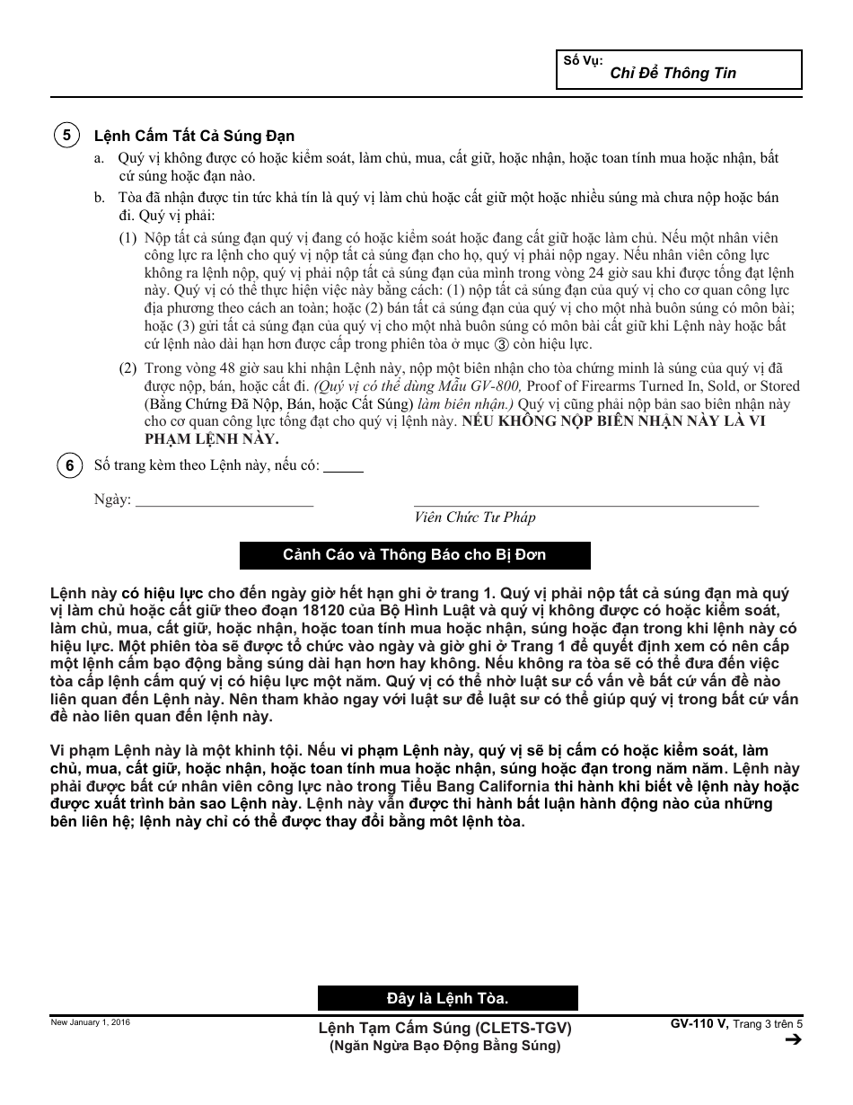 Form GV-110 V Temporary Firearms Restraining Order - California (Vietnamese), Page 3