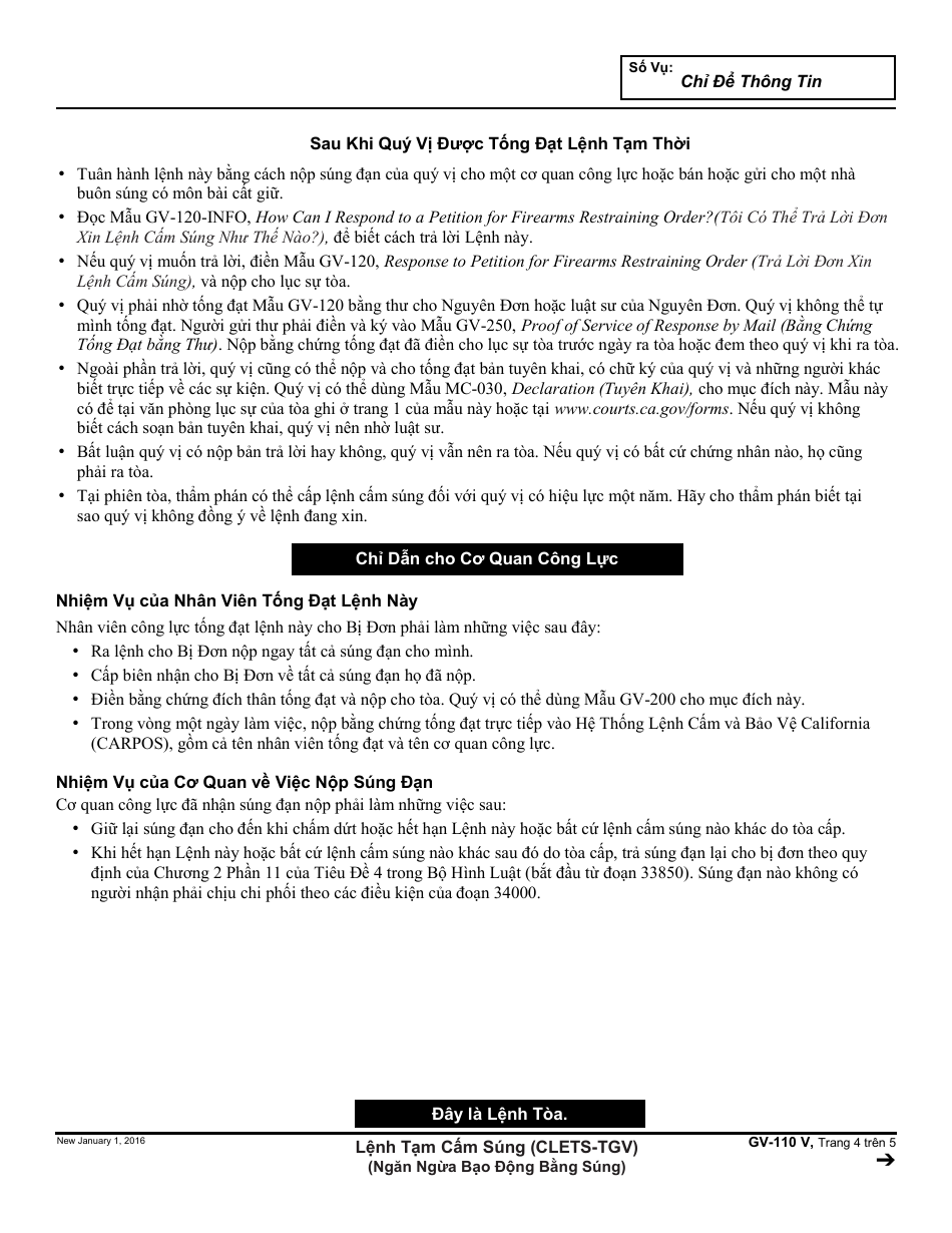 Form GV-110 V Temporary Firearms Restraining Order - California (Vietnamese), Page 4