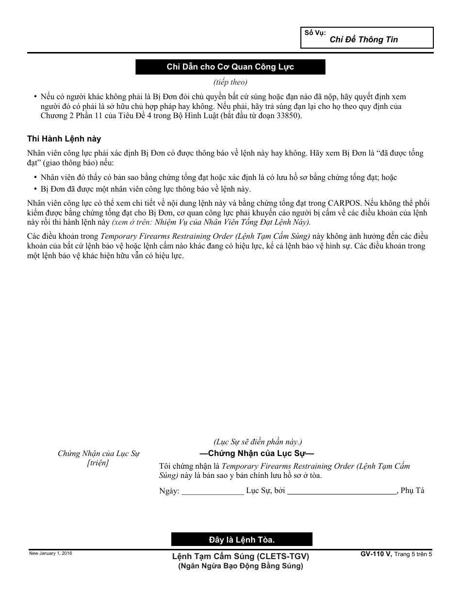 Form GV-110 V Temporary Firearms Restraining Order - California (Vietnamese), Page 5