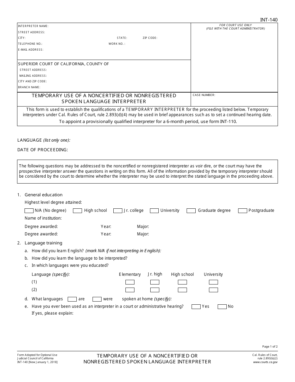 Form INT-140 Temporary Use of a Noncertified or Nonregistered Spoken Language Interpreter - California, Page 1