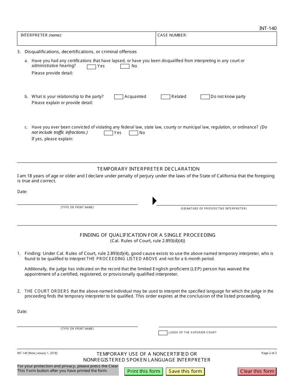 Form INT-140 Temporary Use of a Noncertified or Nonregistered Spoken Language Interpreter - California, Page 2
