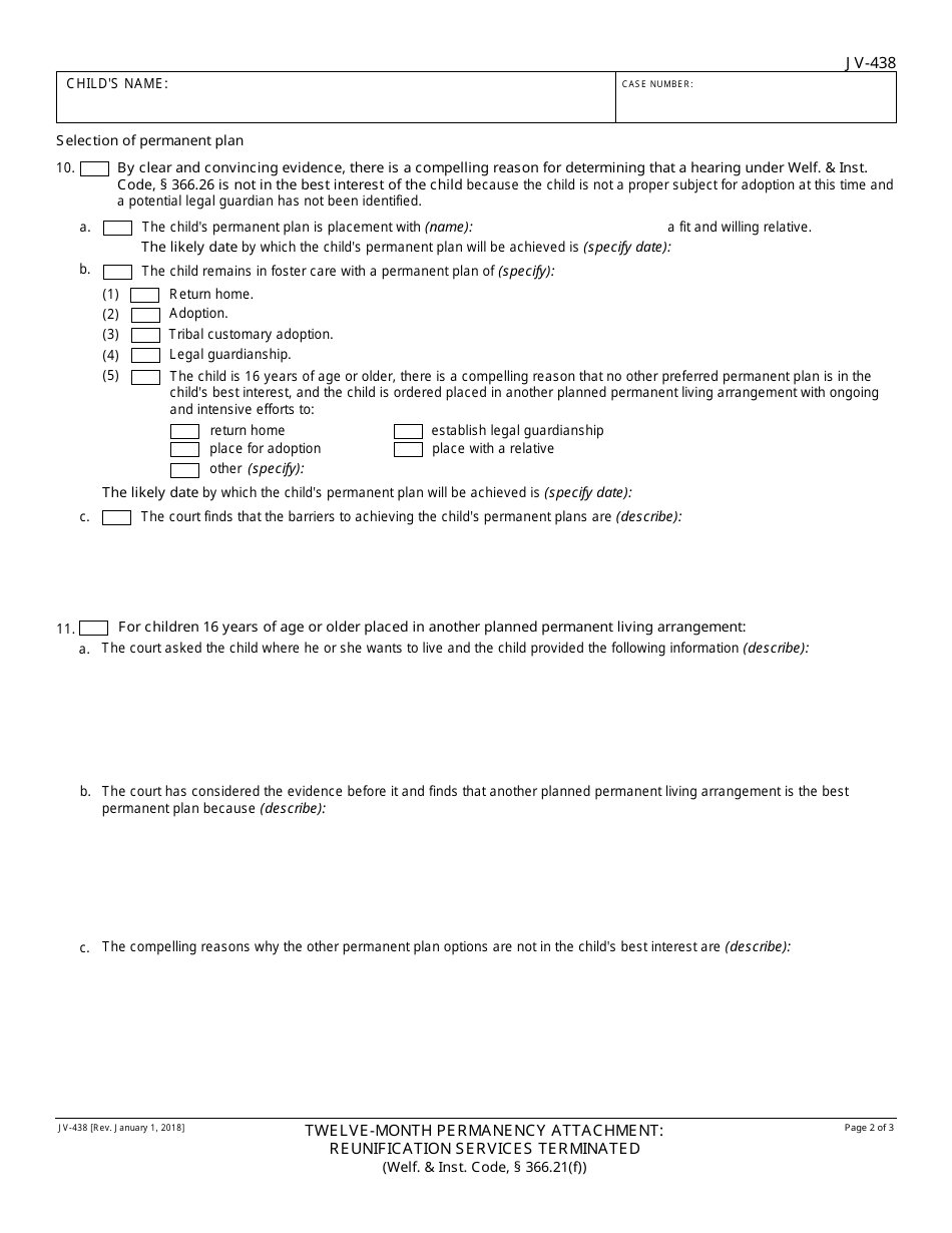 Form JV-438 Twelve-Month Permanency Attachment: Reunification Services Terminated (Welf.  Inst. Code, 366.21(F)) - California, Page 2
