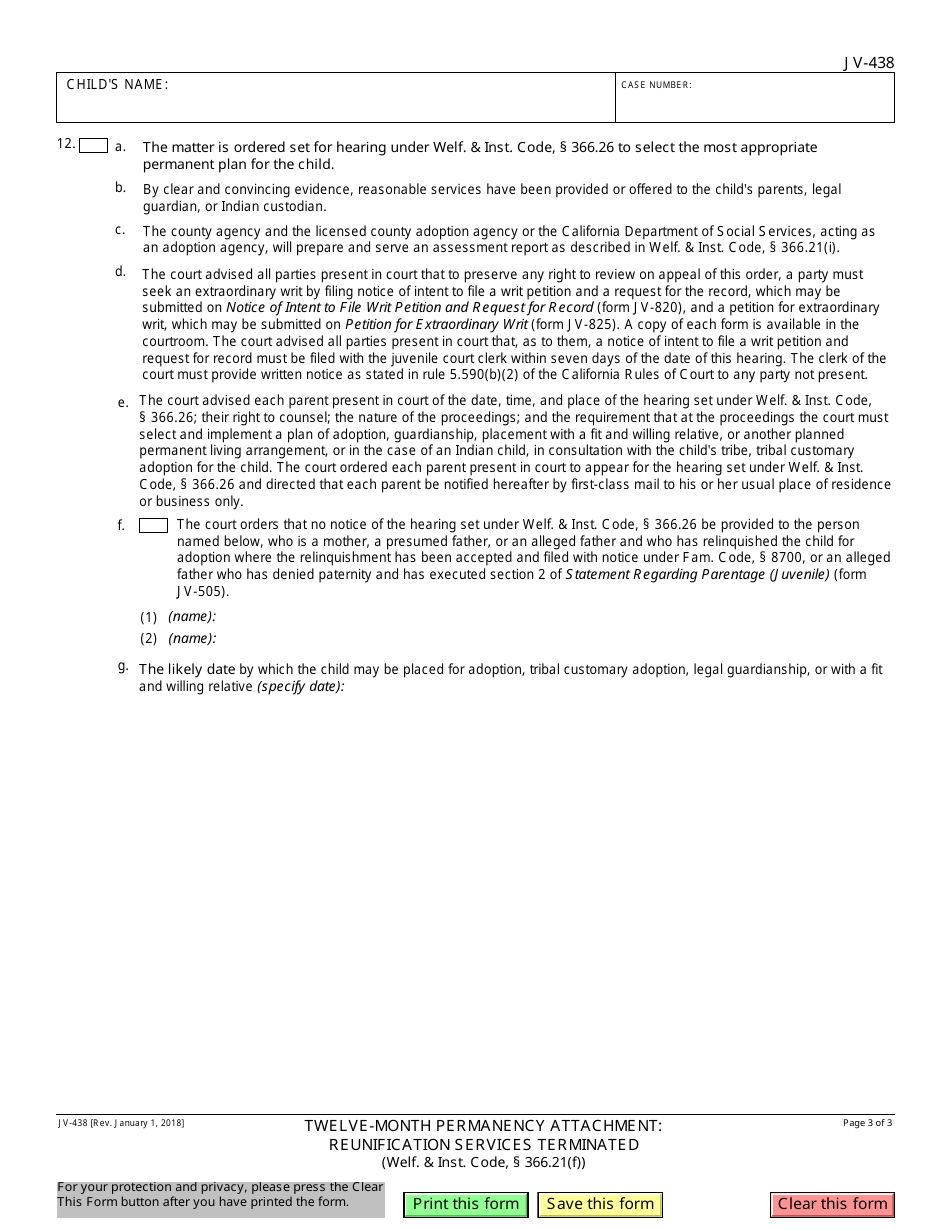 Form JV-438 Twelve-Month Permanency Attachment: Reunification Services Terminated (Welf.  Inst. Code, 366.21(F)) - California, Page 3