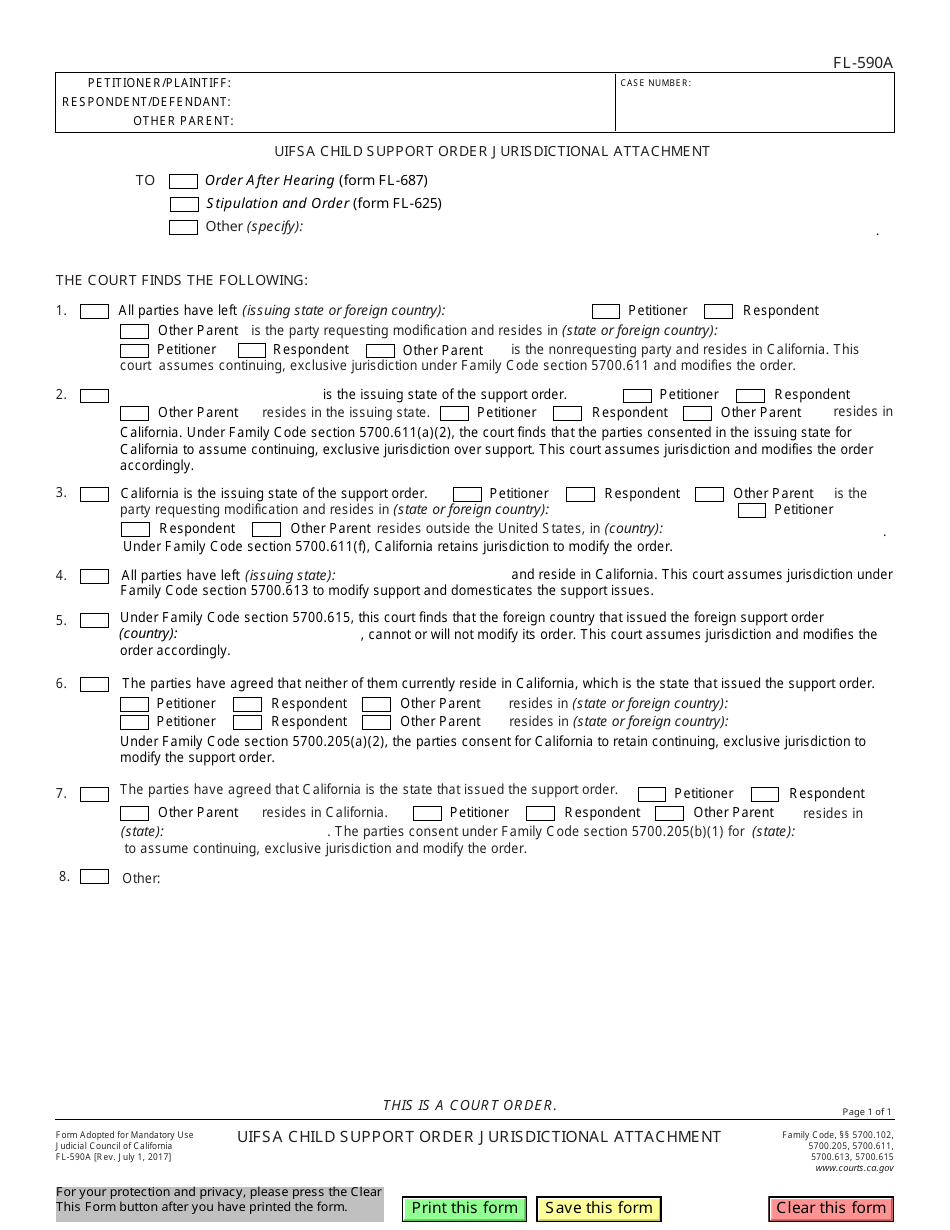 Form FL-590A Uifsa Child Support Order Jurisdictional Attachment - California, Page 1