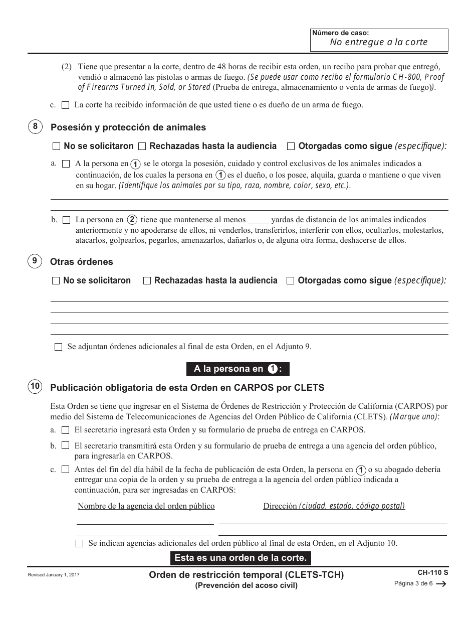 Formulario CH-110 S Orden De Restriccion Temporal - California (Spanish), Page 3