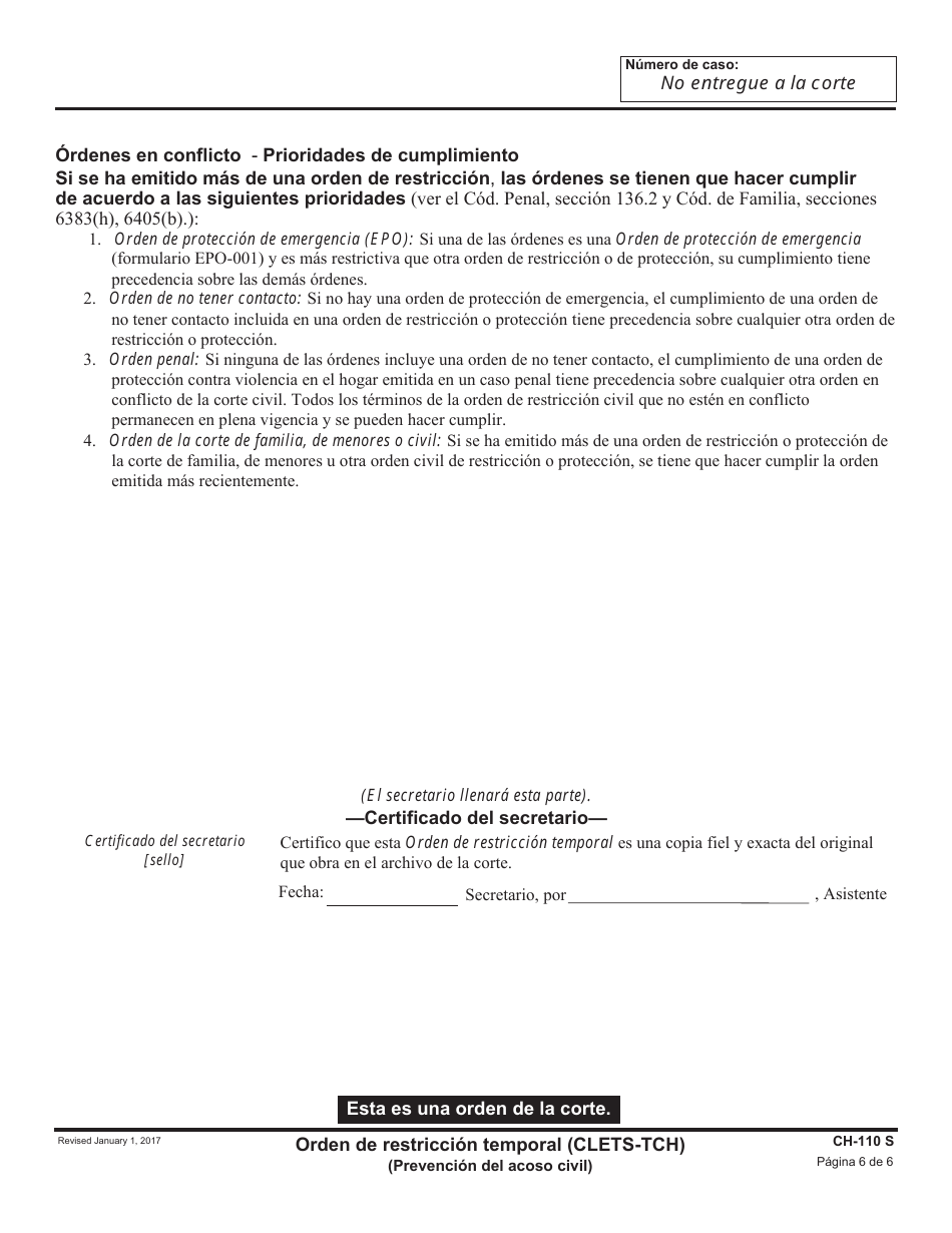 Formulario CH-110 S Orden De Restriccion Temporal - California (Spanish), Page 6