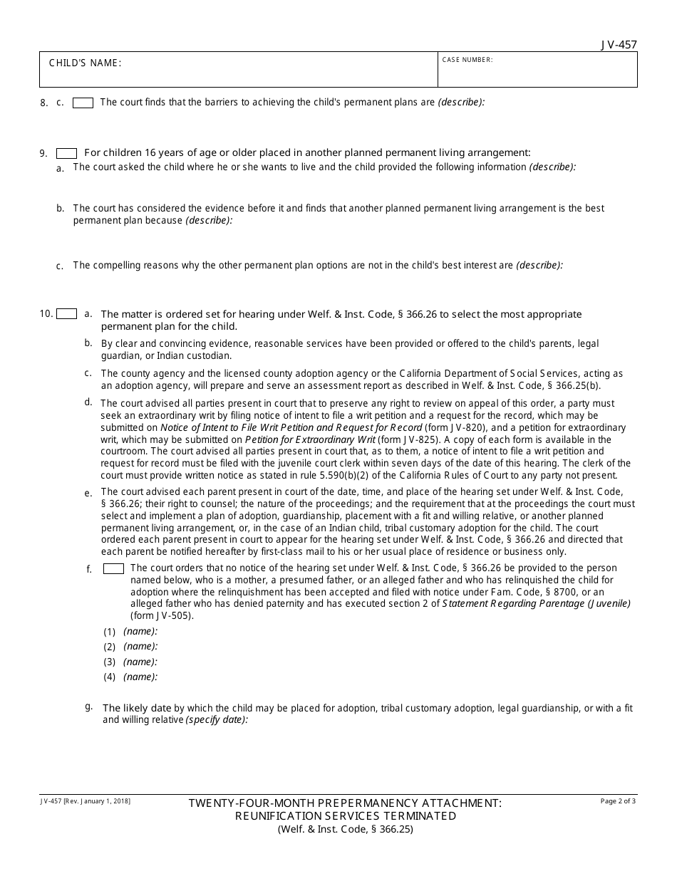 Form JV-457 Twenty-Four-Month Permanency Attachment: Reunification Services Terminated - California, Page 2