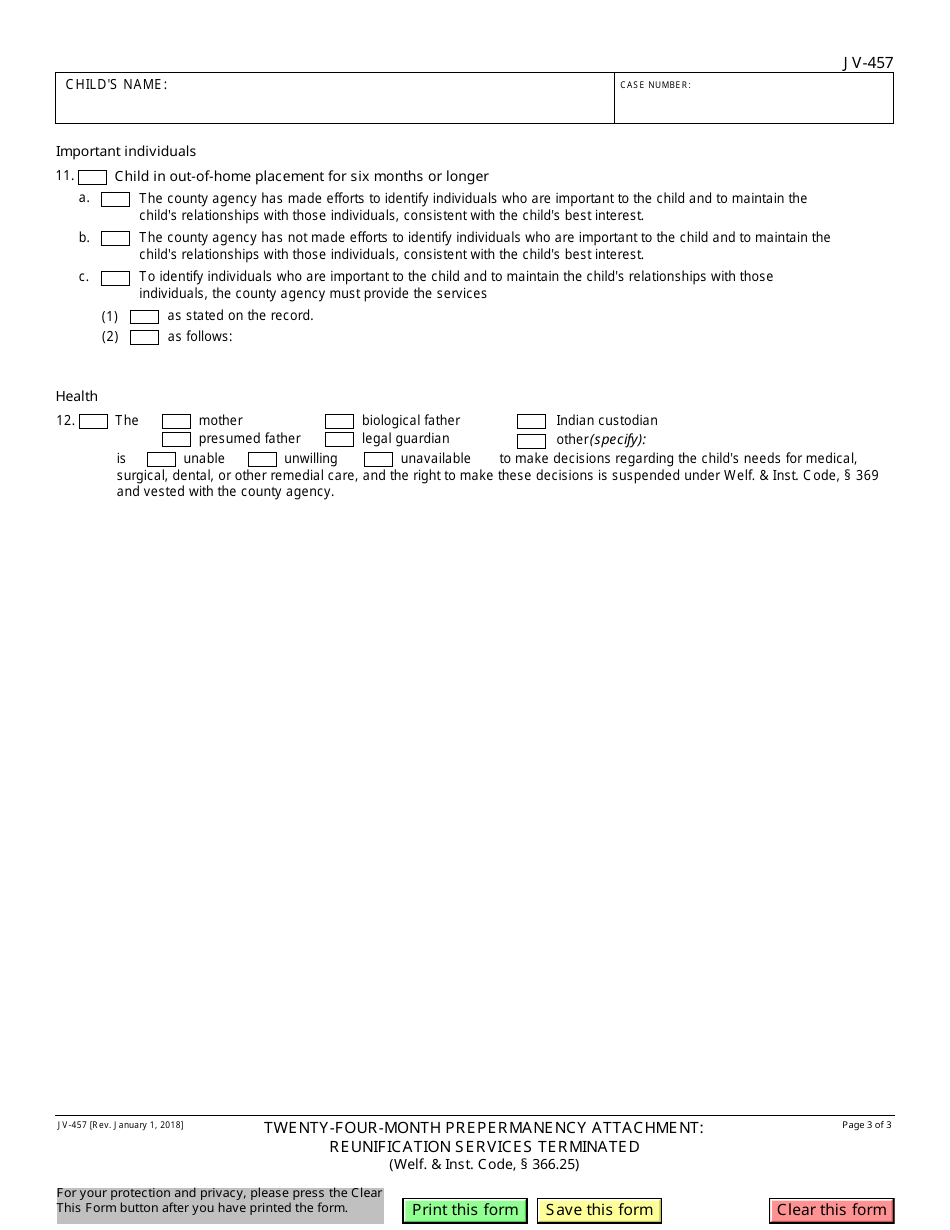 Form JV-457 Twenty-Four-Month Permanency Attachment: Reunification Services Terminated - California, Page 3
