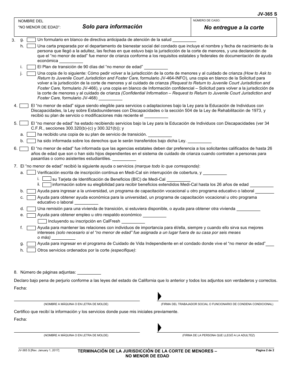 Formulario JV-365 S Terminacion De La Jurisdiccion De La Corte De Menores - No Menor De Edad - California (Spanish), Page 2