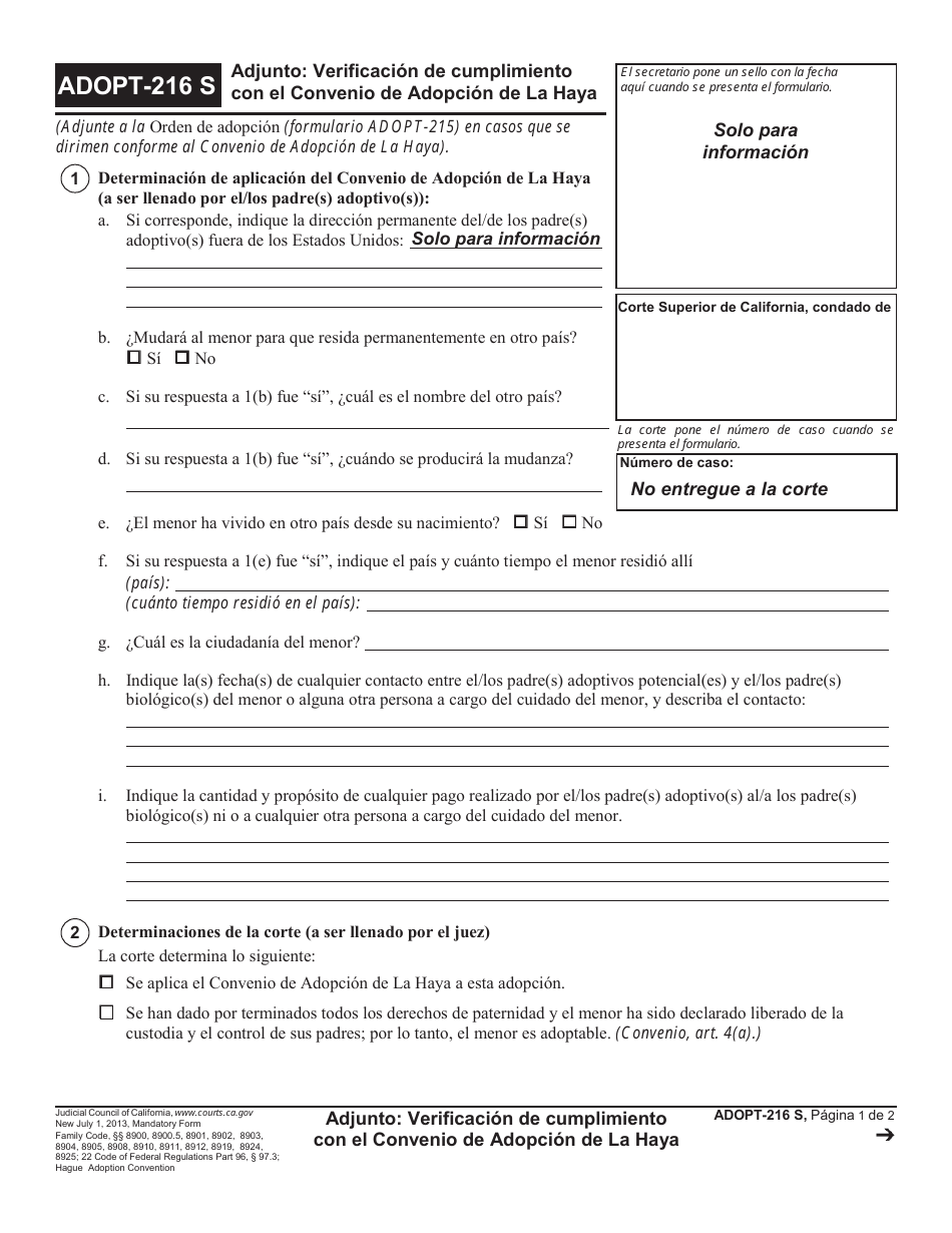 Formulario ADOPT-216 S Adjunto: Verificacion De Cumplimiento Con El Convenio De Adopcion De La Haya - California (Spanish), Page 1