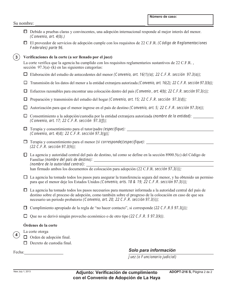 Formulario ADOPT-216 S Adjunto: Verificacion De Cumplimiento Con El Convenio De Adopcion De La Haya - California (Spanish), Page 2