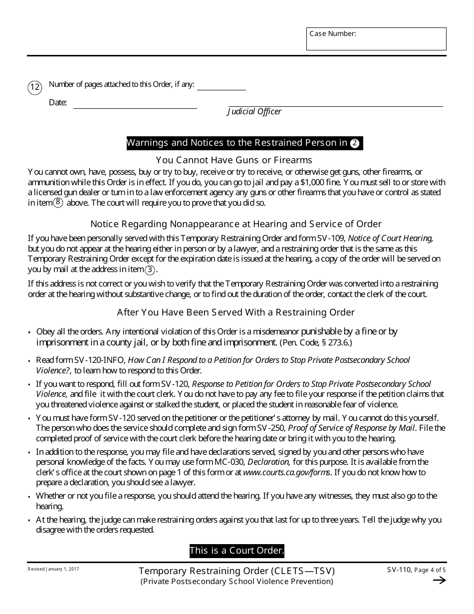 Form SV-110 Temporary Restraining Order - California, Page 4
