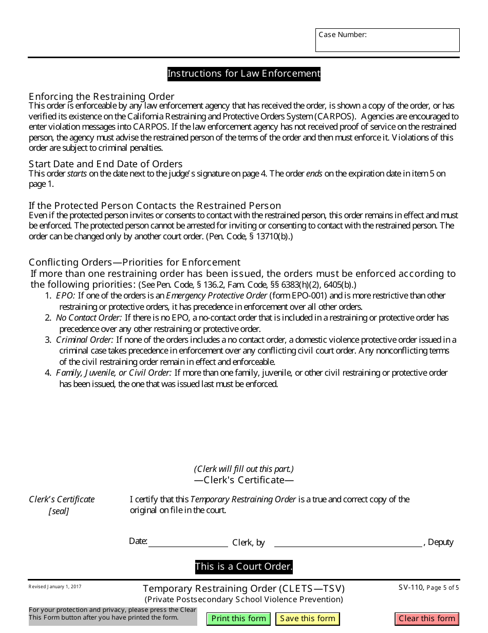 Form SV-110 Temporary Restraining Order - California, Page 5