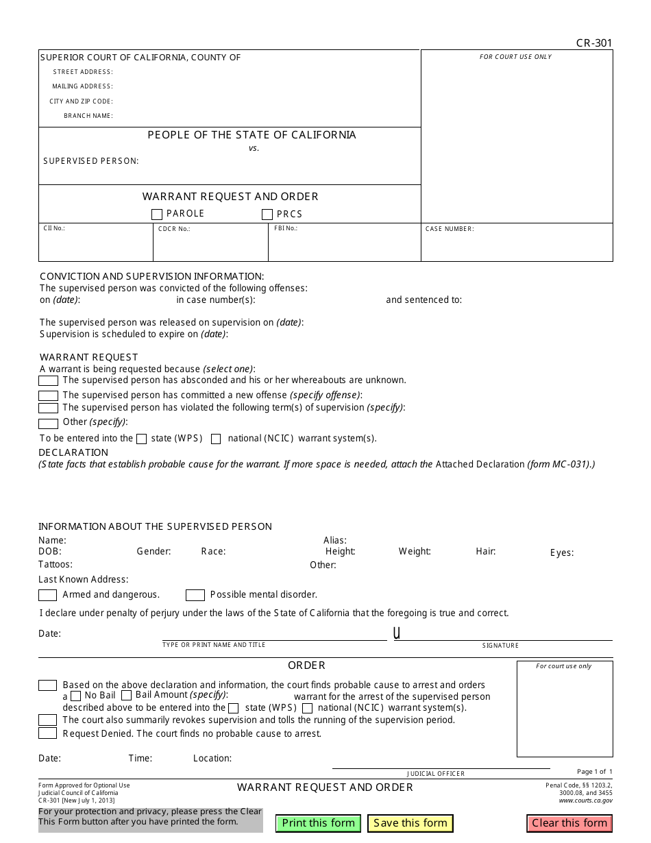 Form CR-301 Warrant Request and Order - California, Page 1