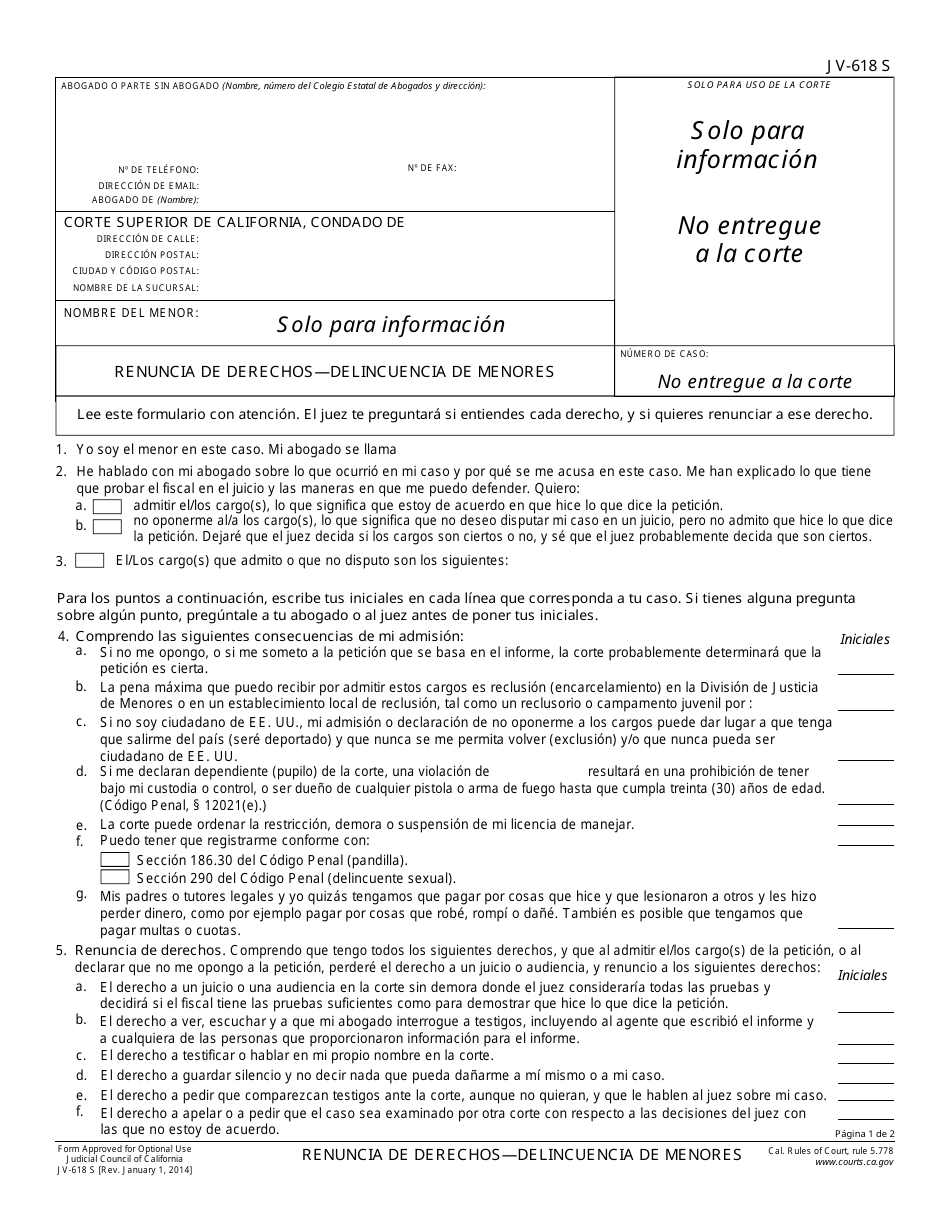 Formulario JV-618 S Renuncia De Derechosdelincuencia De Menores - California (Spanish), Page 1
