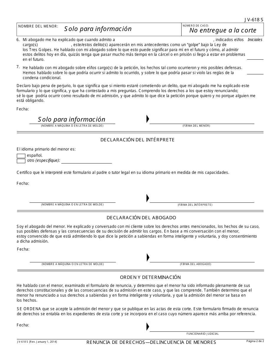 Formulario JV-618 S Renuncia De Derechosdelincuencia De Menores - California (Spanish), Page 2