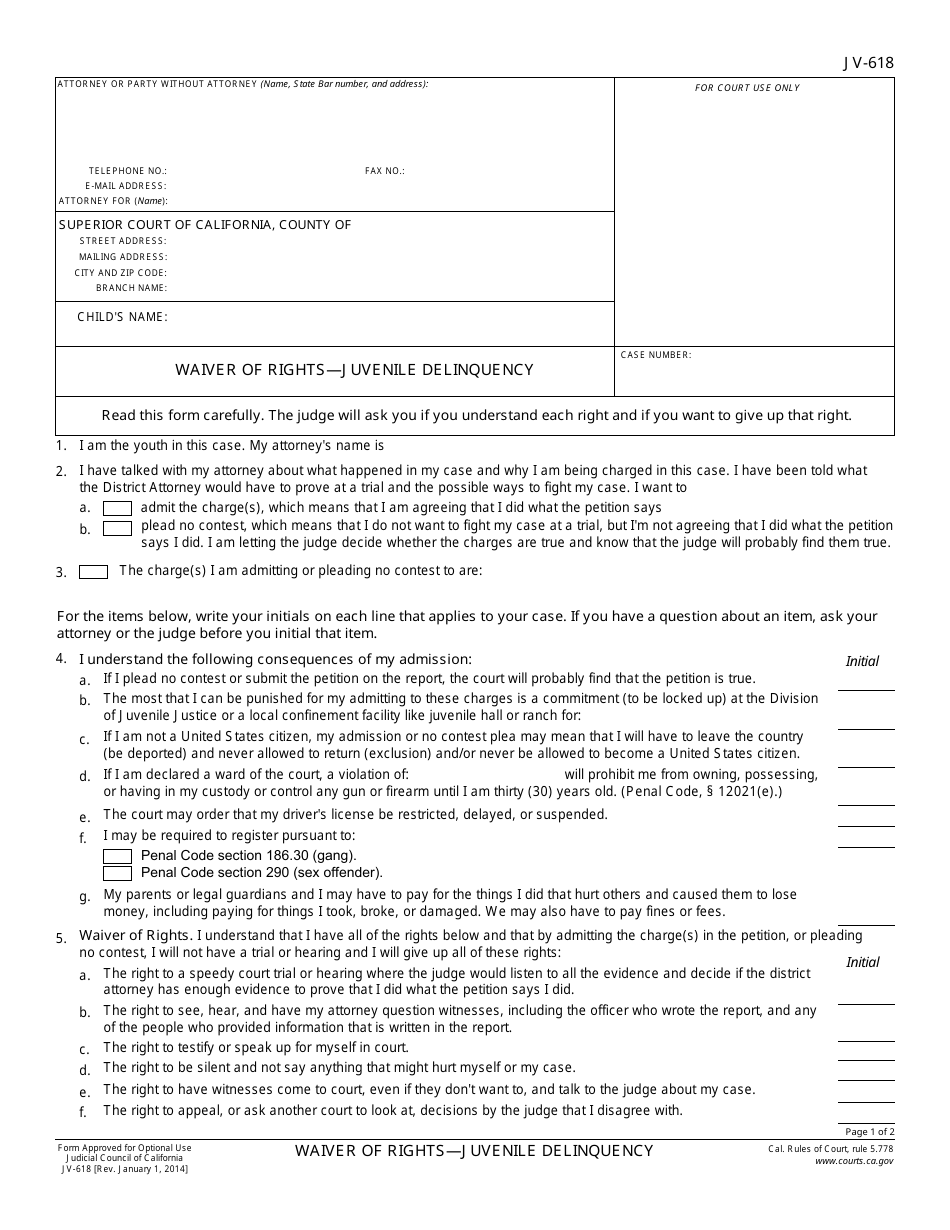 Form JV-618 Waiver of Rightsjuvenile Delinquency - California, Page 1