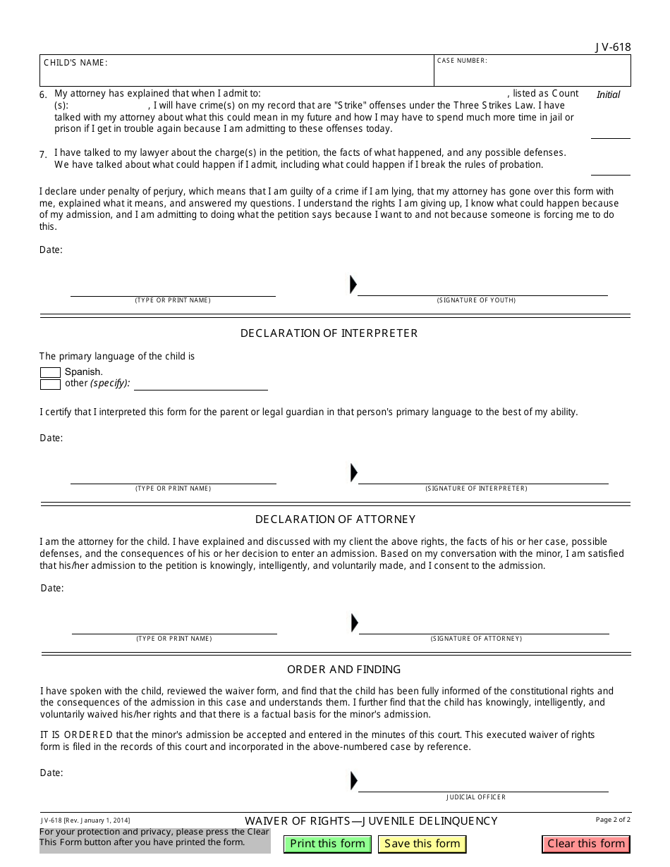Form JV-618 Waiver of Rightsjuvenile Delinquency - California, Page 2