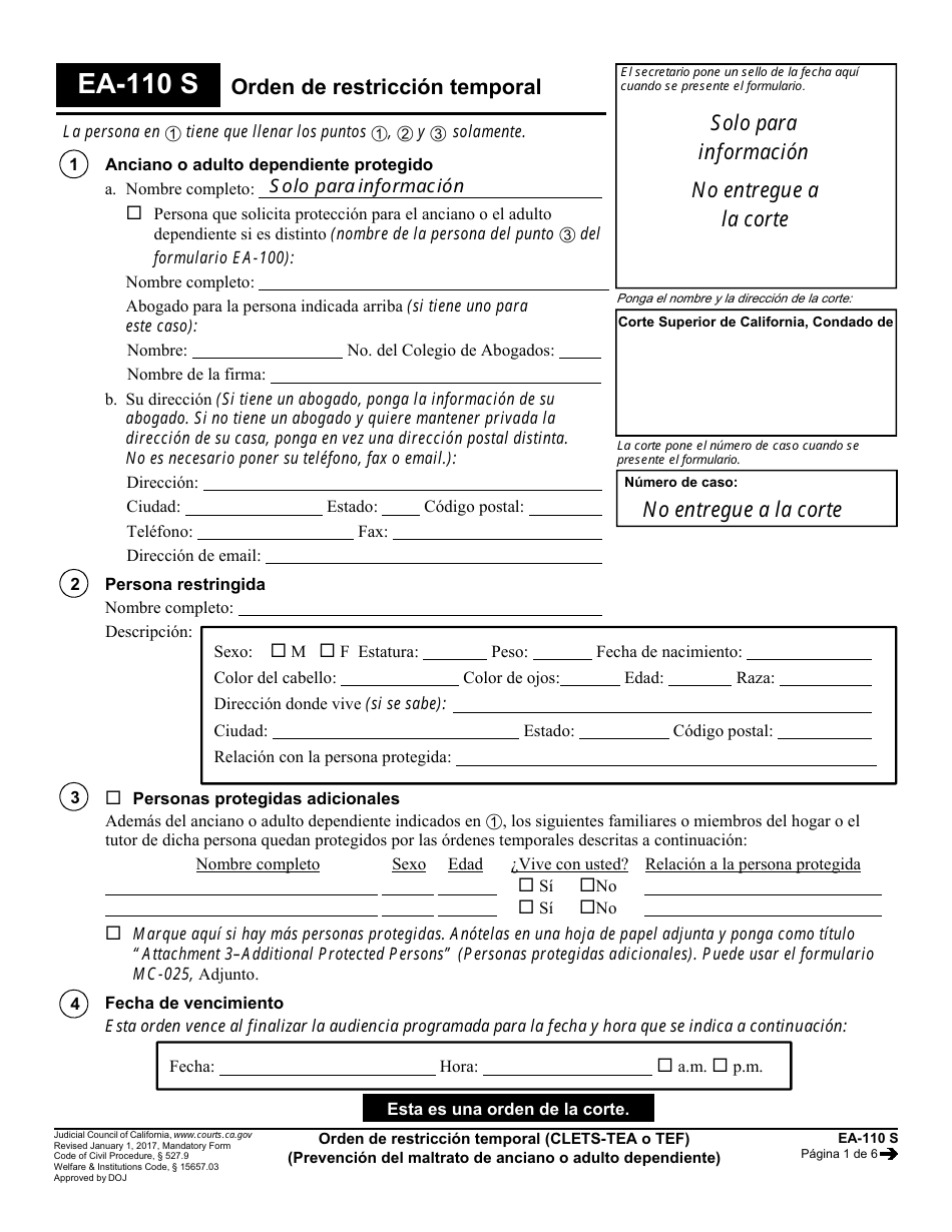 Formulario EA-110 S Orden De Restriccion Temporal - California (Spanish), Page 1