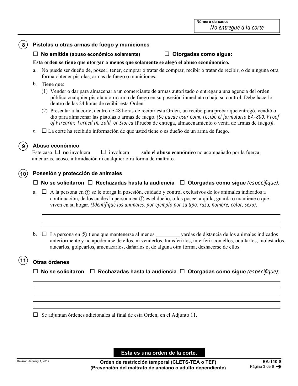 Formulario EA-110 S Orden De Restriccion Temporal - California (Spanish), Page 3