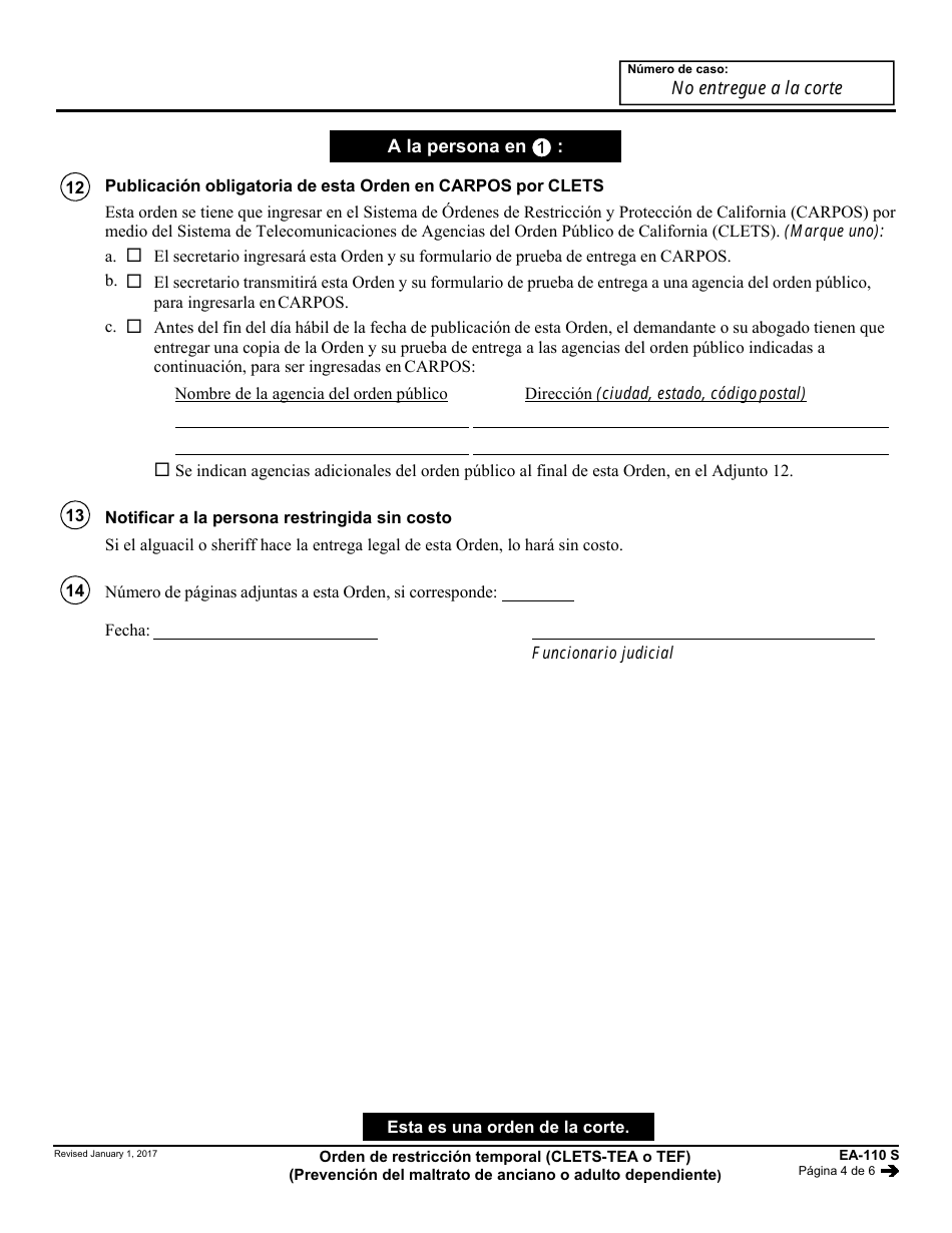 Formulario EA-110 S Orden De Restriccion Temporal - California (Spanish), Page 4