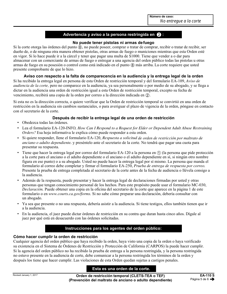 Formulario EA-110 S Orden De Restriccion Temporal - California (Spanish), Page 5