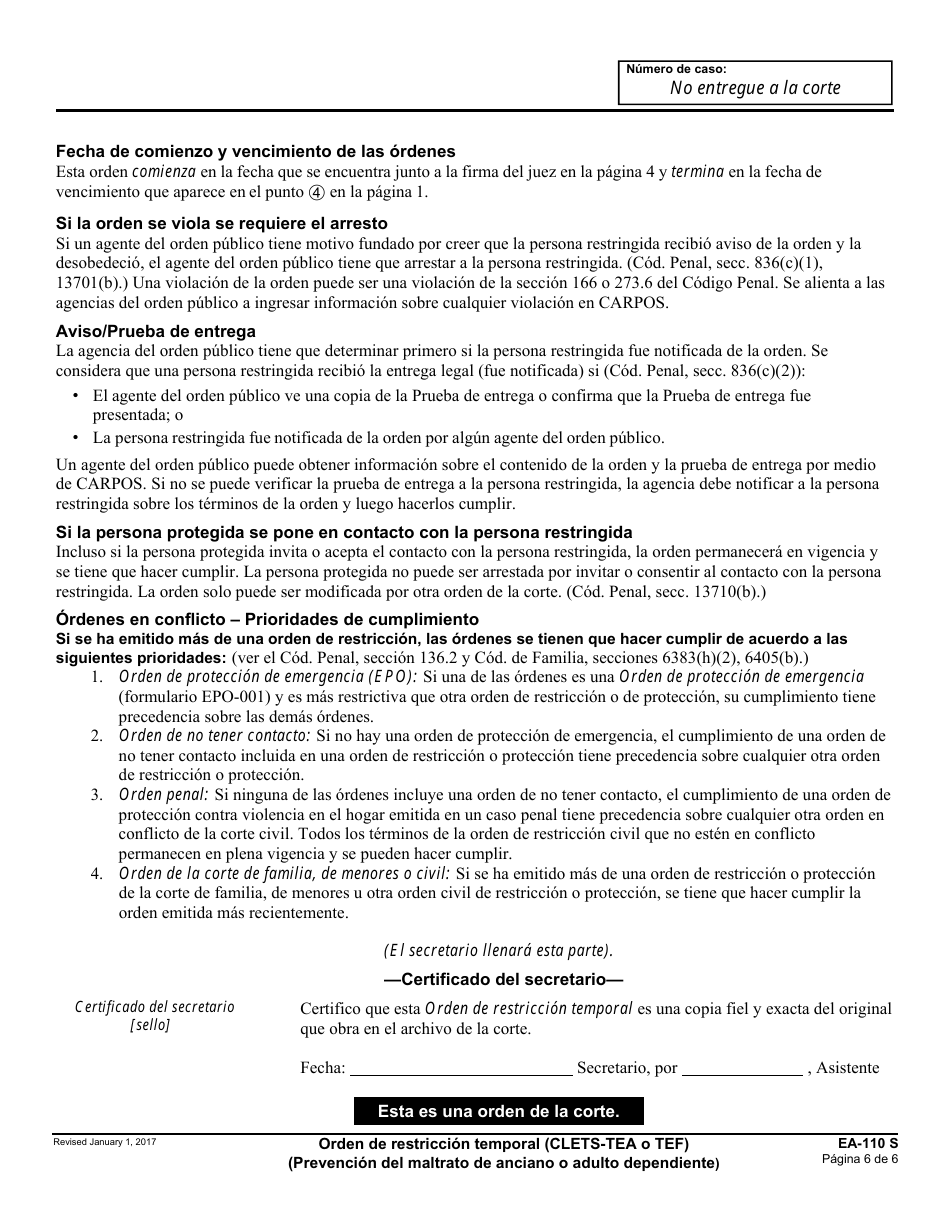 Formulario EA-110 S Orden De Restriccion Temporal - California (Spanish), Page 6