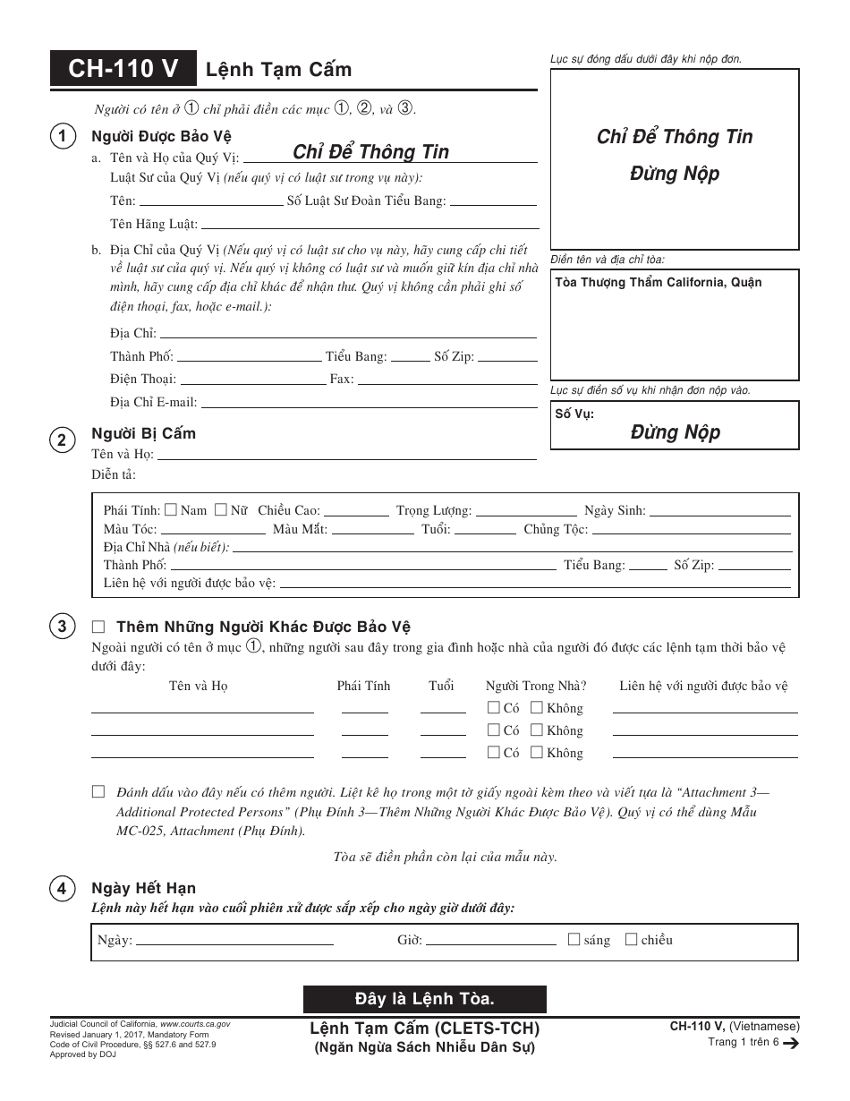 Form CH-110 V Temporary Restraining Order - California (Vietnamese), Page 1