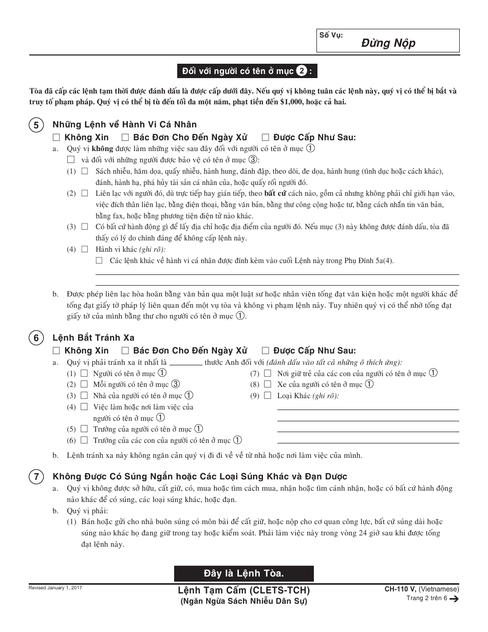 Form CH-110 V Temporary Restraining Order - California (Vietnamese), Page 2