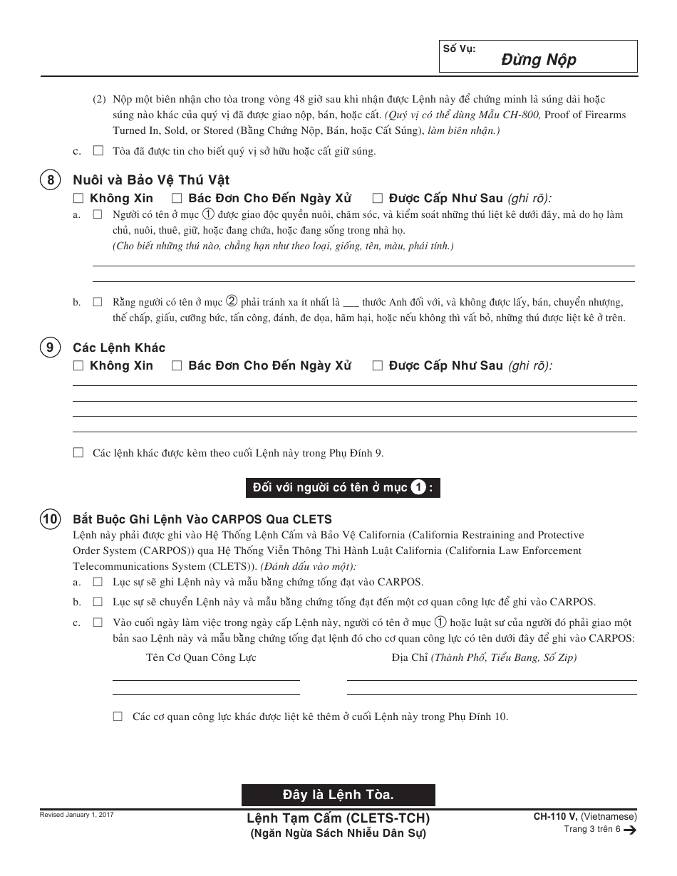 Form CH-110 V Temporary Restraining Order - California (Vietnamese), Page 3