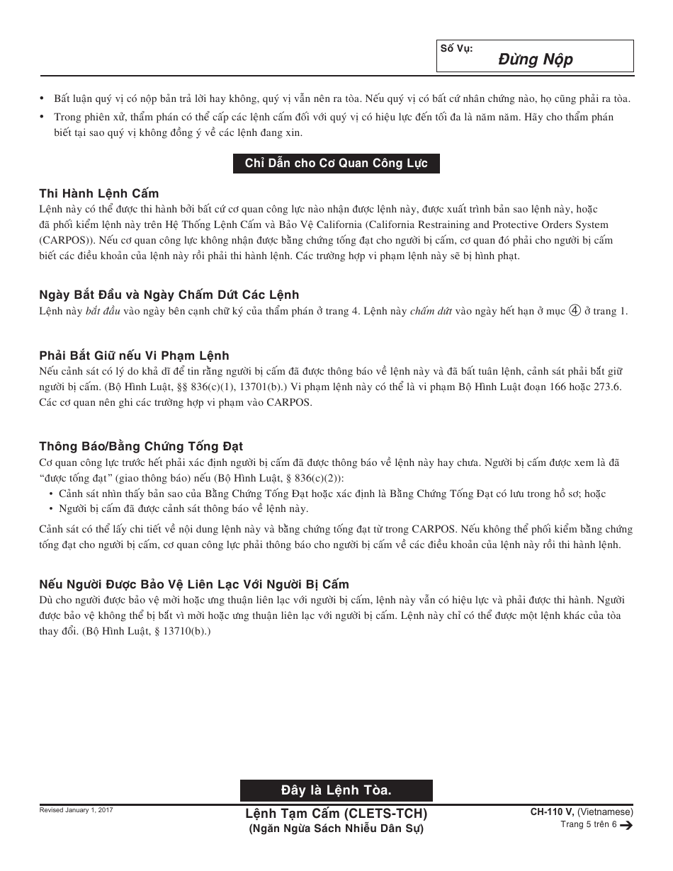Form CH-110 V Temporary Restraining Order - California (Vietnamese), Page 5