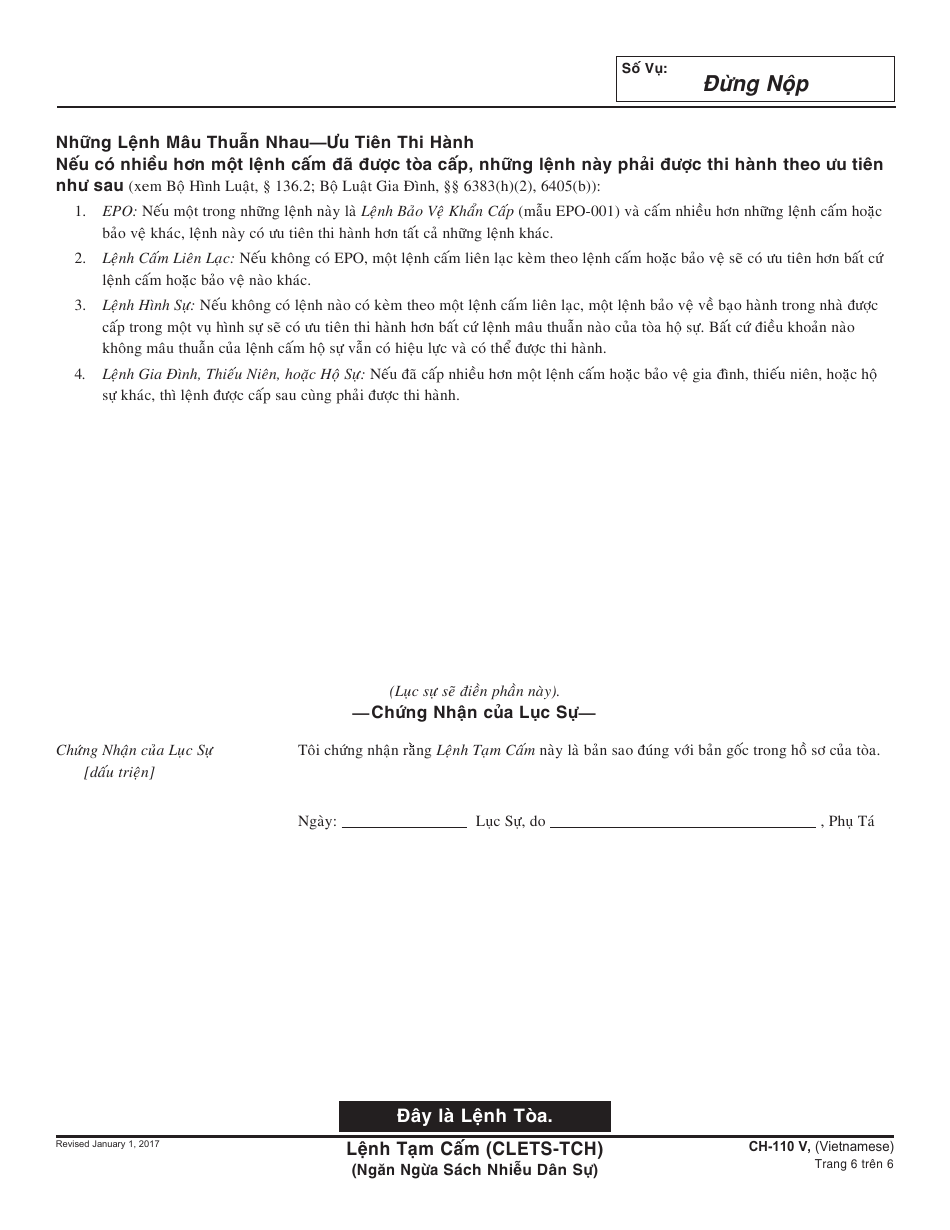 Form CH-110 V Temporary Restraining Order - California (Vietnamese), Page 6