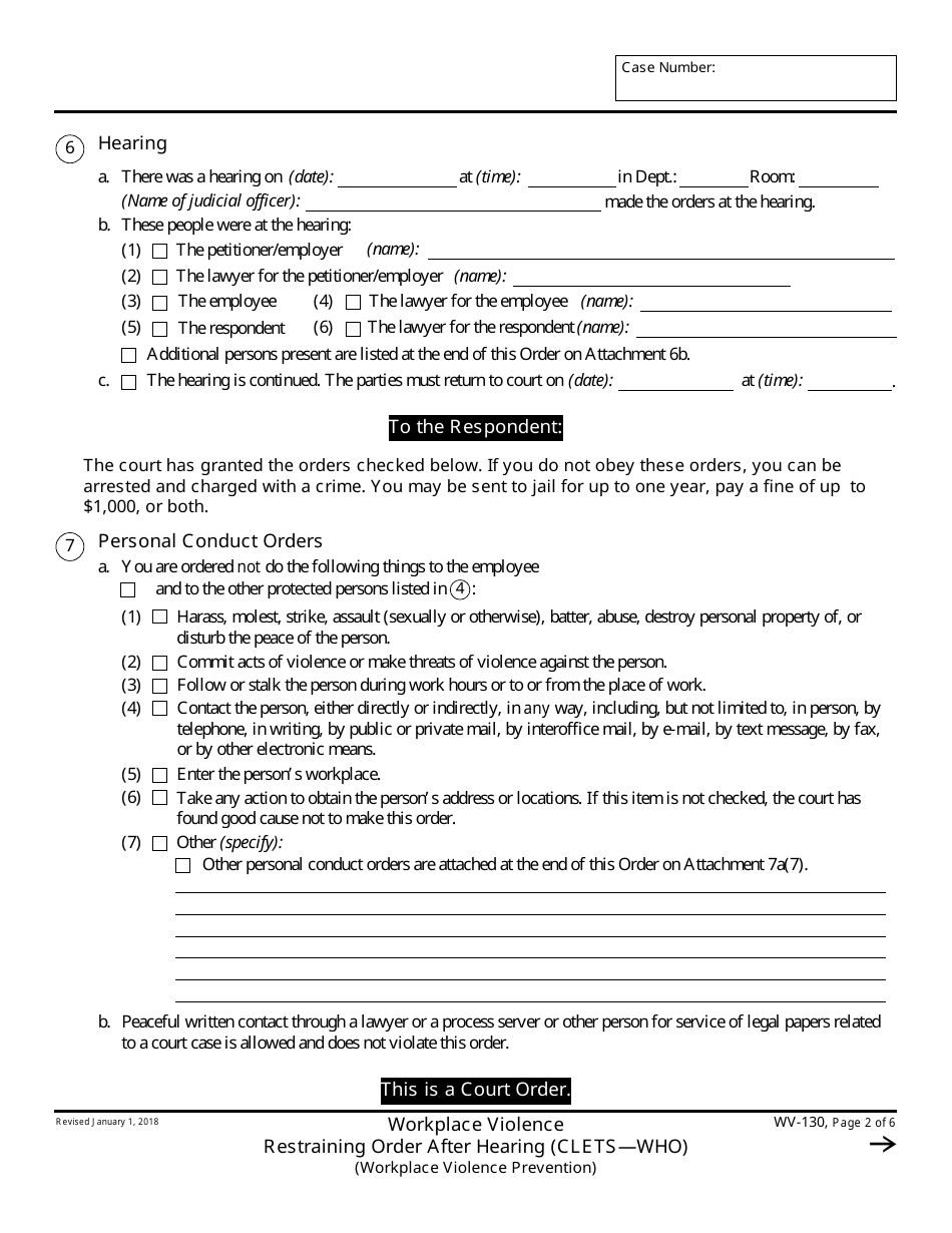 Form WV-130 Workplace Violence Restraining Order After Hearing - California, Page 2