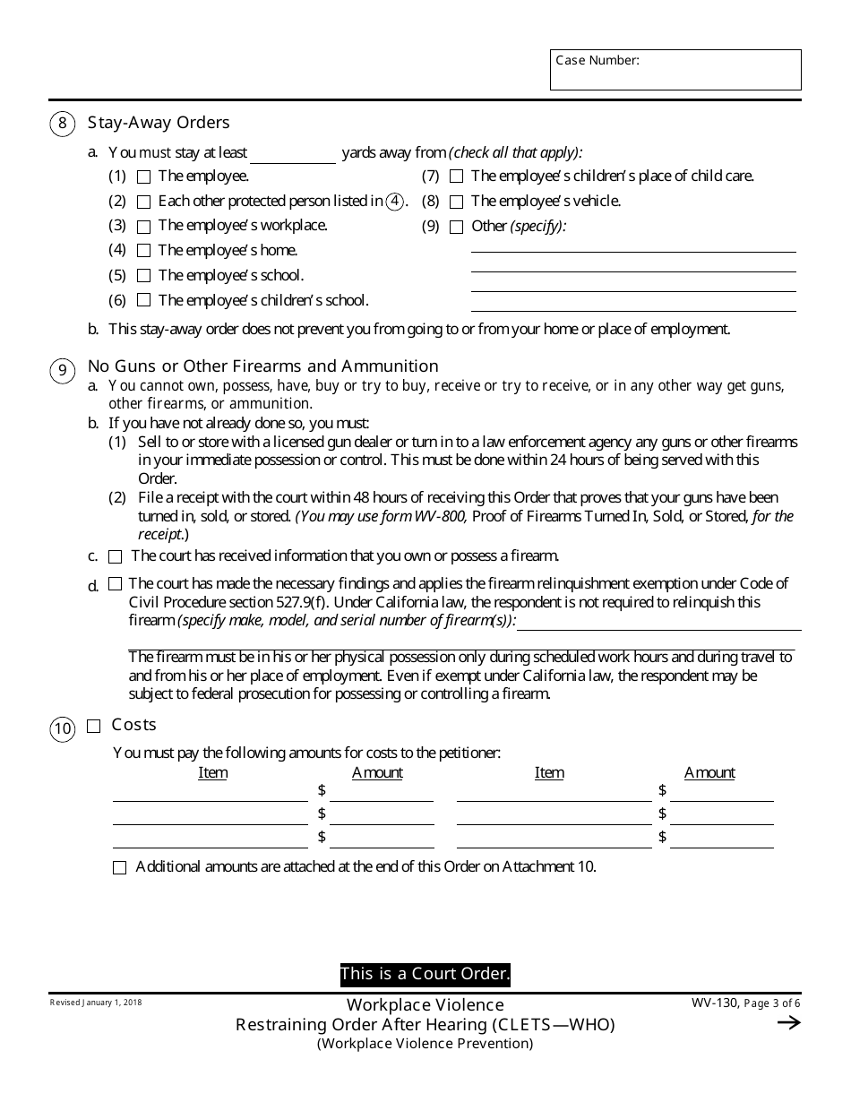 Form WV-130 Workplace Violence Restraining Order After Hearing - California, Page 3