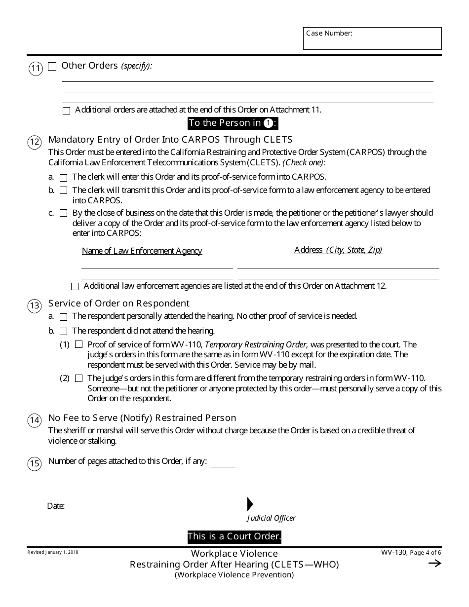 Form WV-130 Workplace Violence Restraining Order After Hearing - California, Page 4