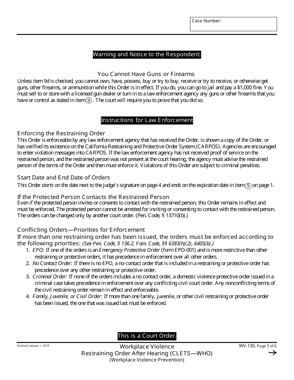 Form WV-130 Workplace Violence Restraining Order After Hearing - California, Page 5