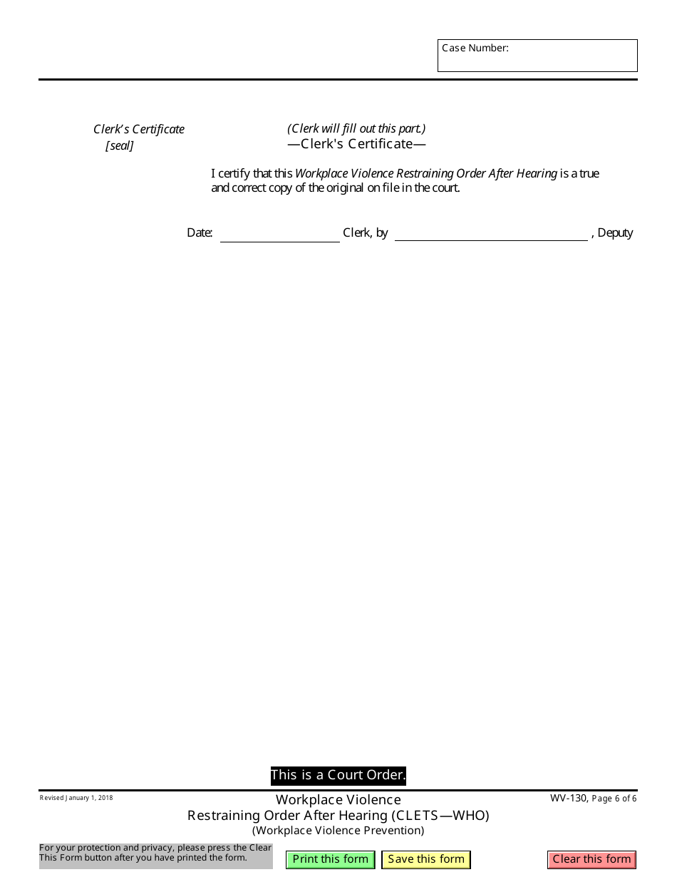 Form WV-130 Workplace Violence Restraining Order After Hearing - California, Page 6