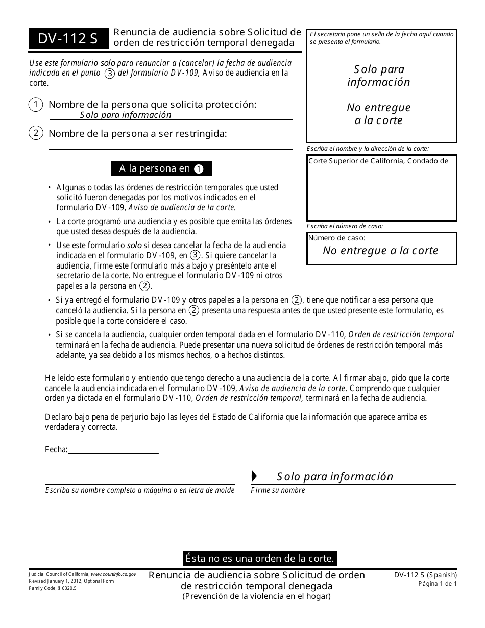 Formulario DV-112 S Renuncia De Audiencia Sobre Solicitud De Orden De Restriccion Temporal Denegada - California (Spanish), Page 1