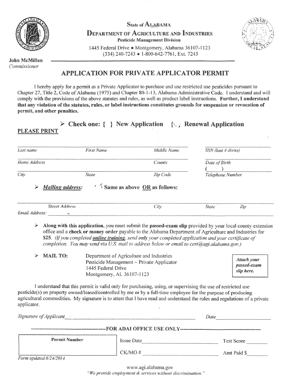 Application for Private Applicator Permit - Alabama, Page 1