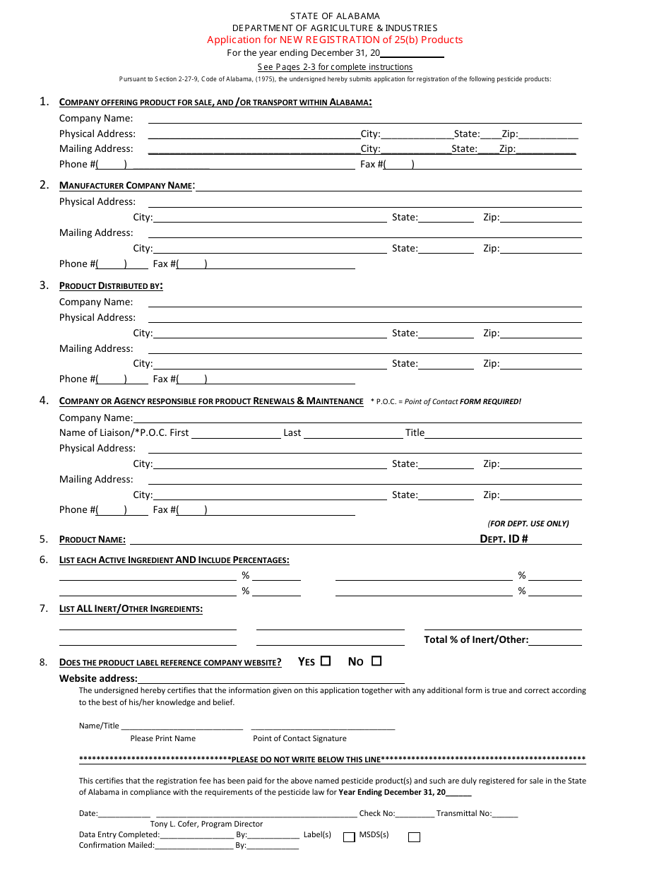 Alabama Application for New Registration of 25(B) Products - Fill Out ...