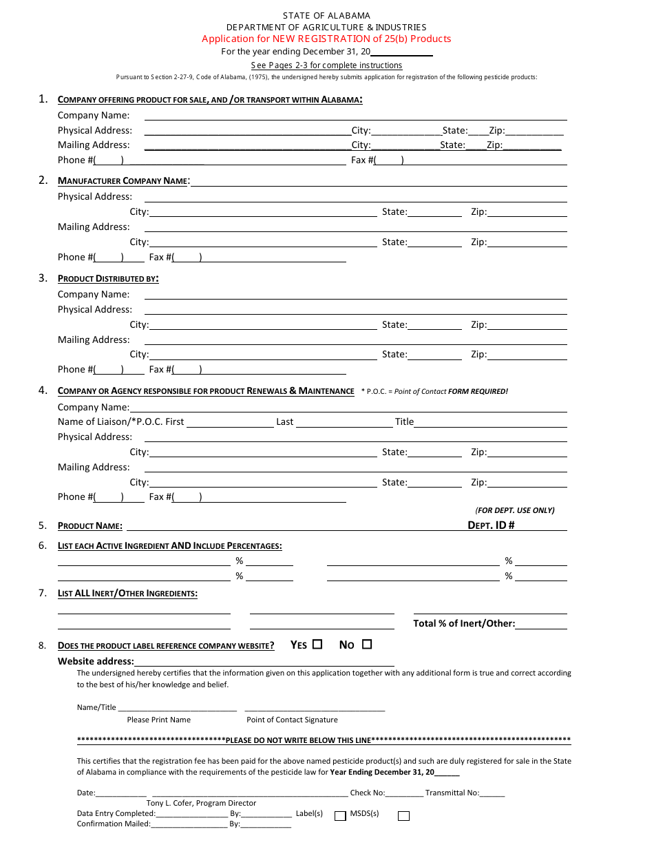 Application for New Registration of 25(B) Products - Alabama, Page 1