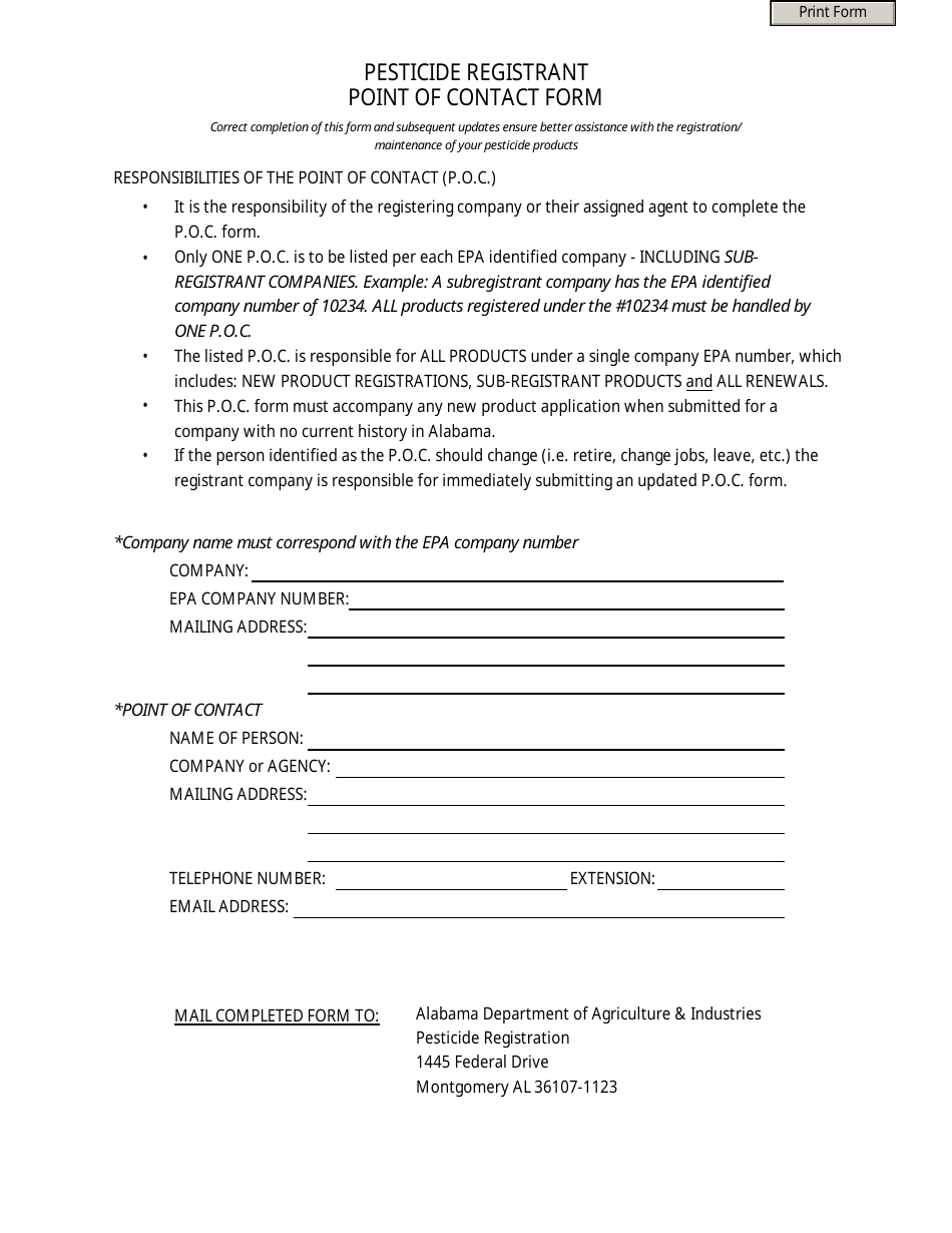 Pesticide Registrant Point of Contact Form - Alabama, Page 1