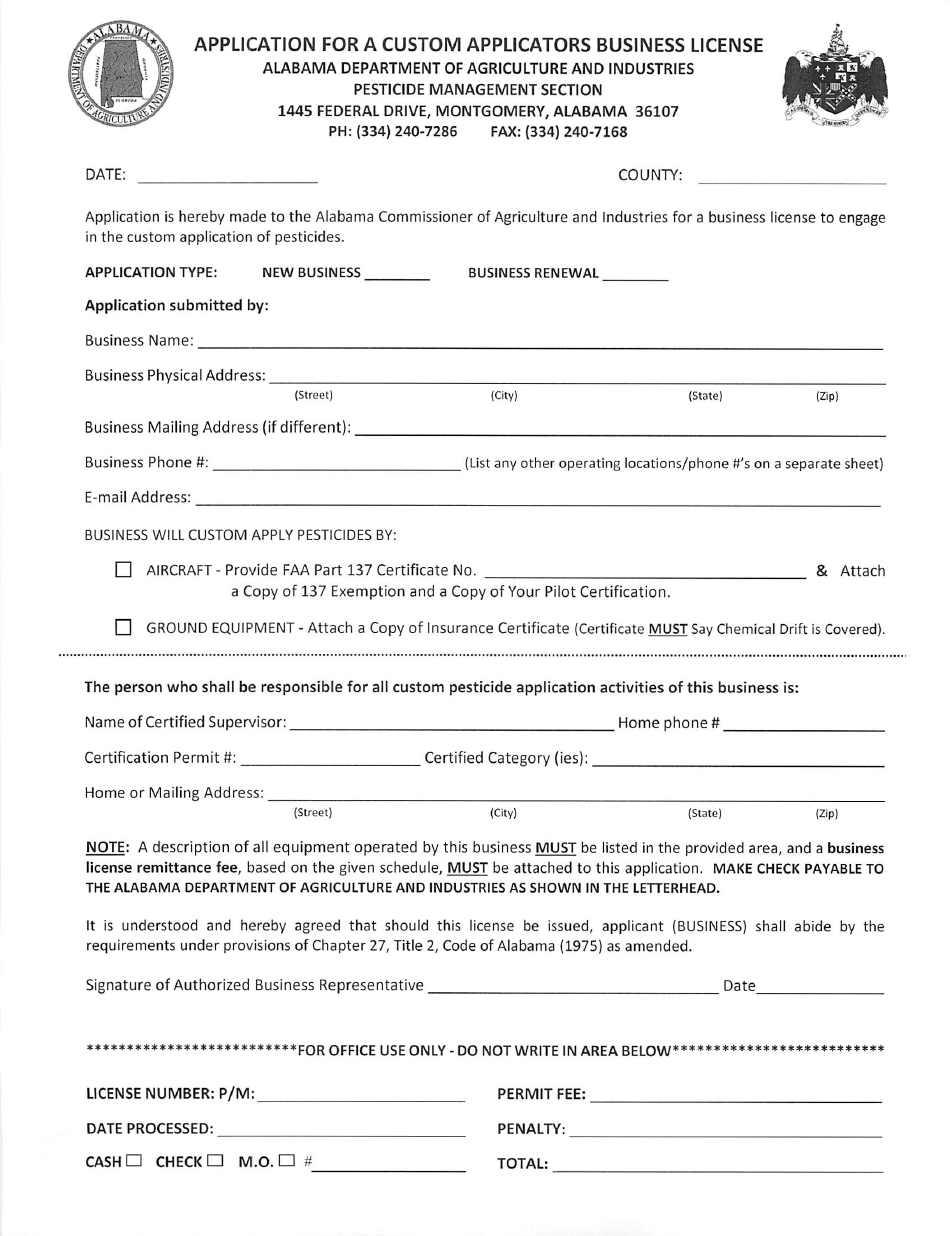 Application for a Custom Applicators Business License - Alabama, Page 1