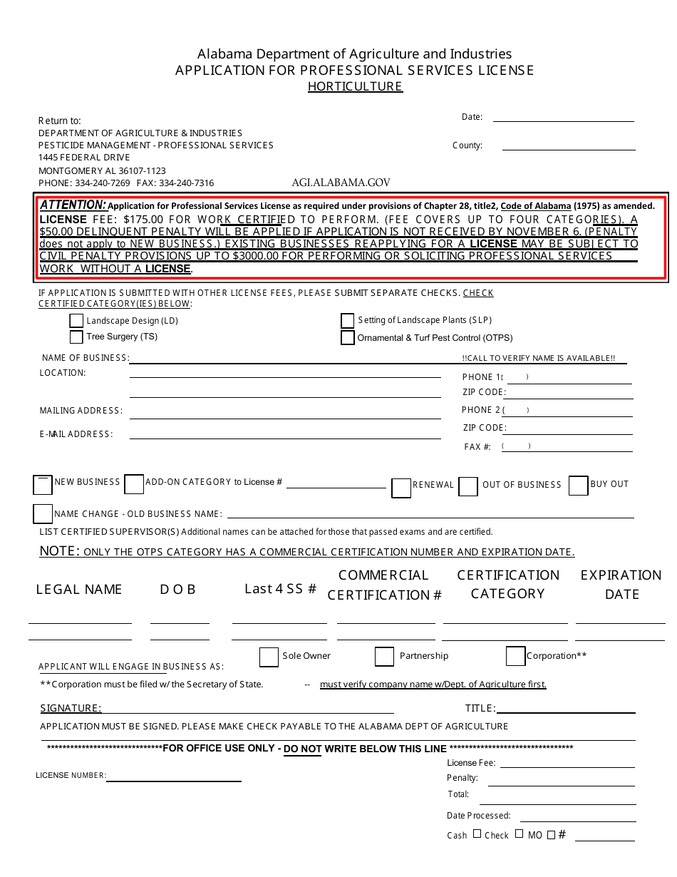 Application for Professional Services License - Horticulture - Alabama, Page 1