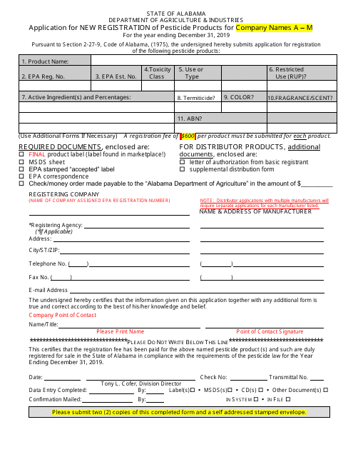 Application for New Registration of Pesticide Products for Company Names a - M - Alabama Download Pdf