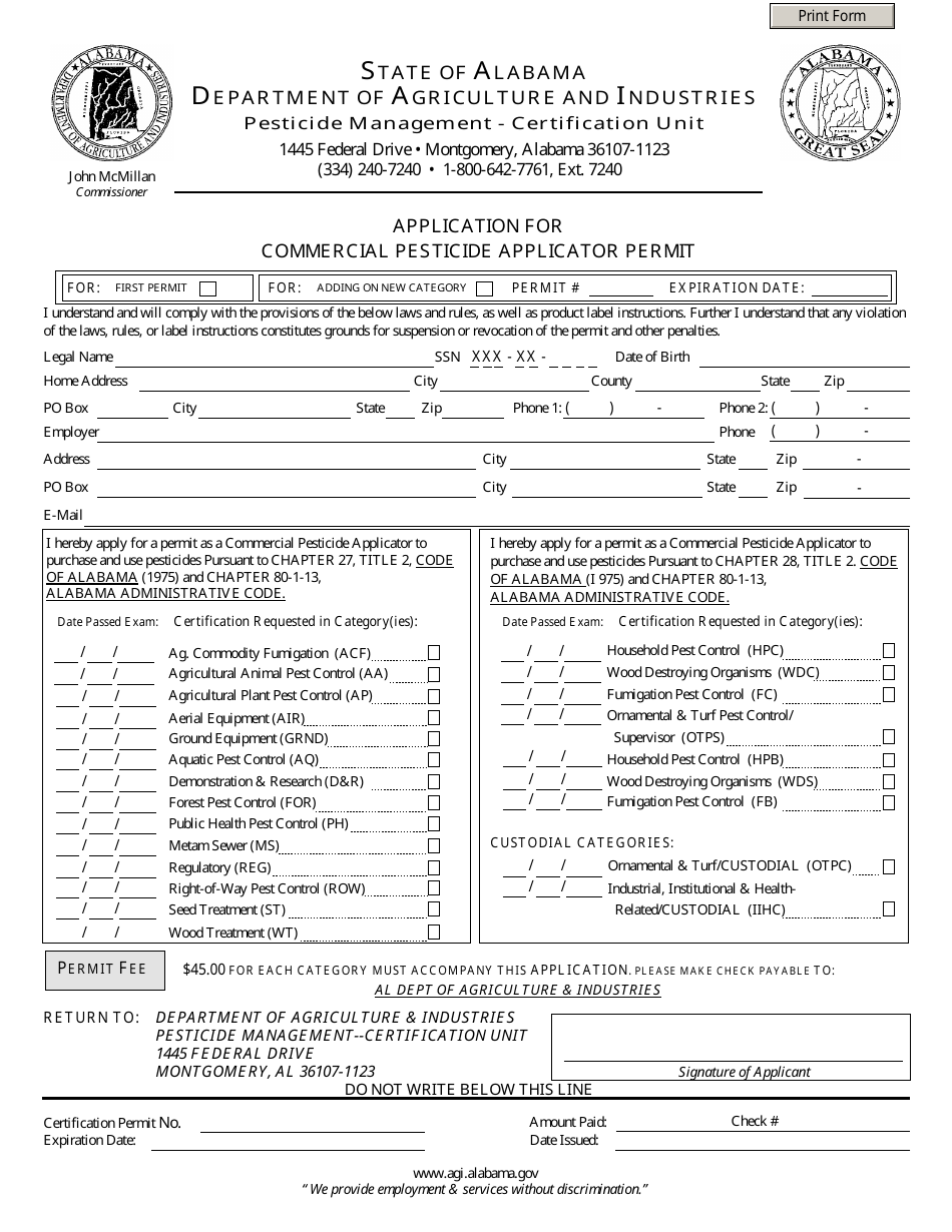 Application for Commercial Pesticide Applicator Permit (First Permit and Add-On) - Alabama, Page 1