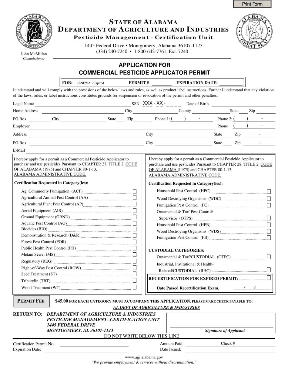Alabama Application for Commercial Pesticide Applicator Permit (Renewal