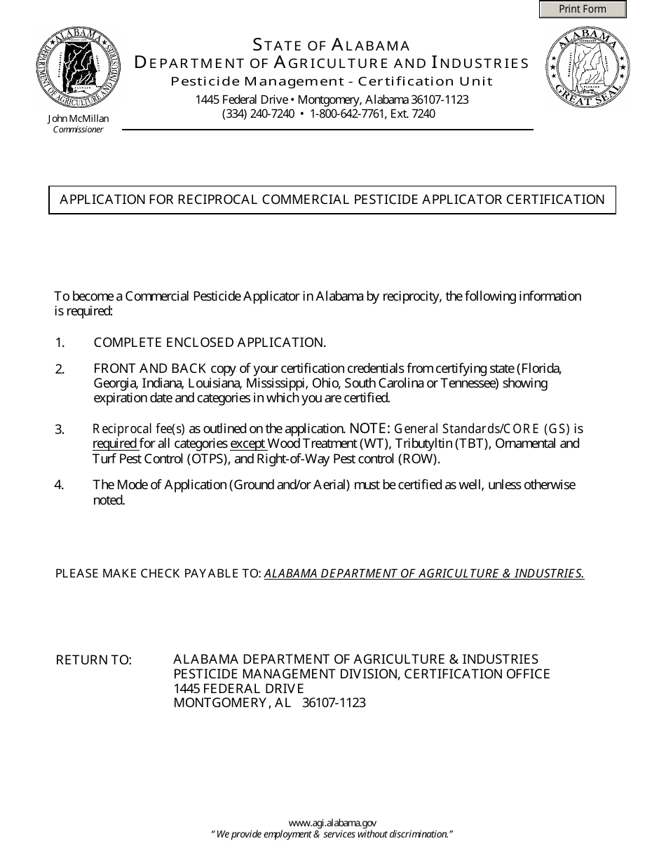 Application for Reciprocal Commercial Pesticide Applicator Certification - Alabama, Page 1