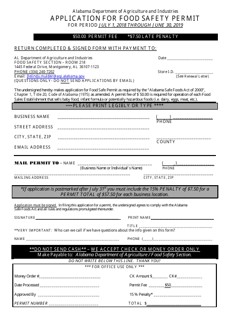 Application for Food Safety Permit - Alabama Download Pdf