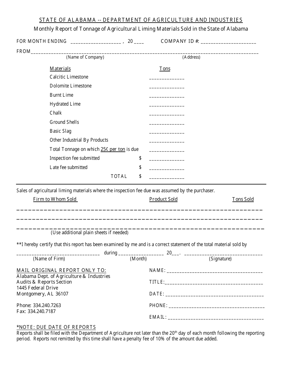 Alabama Monthly Report of Tonnage of Agricultural Liming Materials Sold